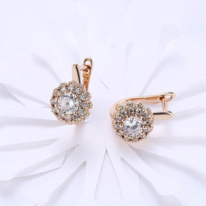 14K Gold Plating Large Floral White Swarovski Pav'e Huggies