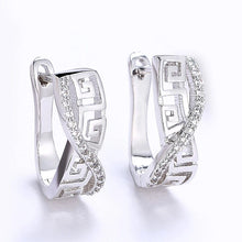 Load image into Gallery viewer, 14K White Gold Plated Swarovski Elements Pav&#39;e Greek Key Design Hinge Earrings
