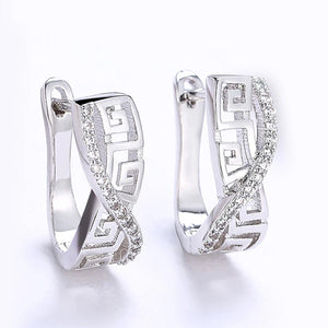 14K White Gold Plated Swarovski Elements Pav'e Greek Key Design Hinge Earrings