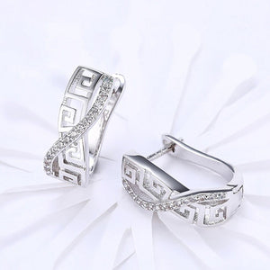 14K White Gold Plated Swarovski Elements Pav'e Greek Key Design Hinge Earrings