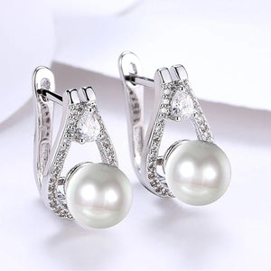 14K White Gold Plating Swarovski Elements Pav'e Freshwater Pearl Pear Cut Earrings