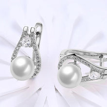 Load image into Gallery viewer, 14K White Gold Plating Swarovski Elements Pav&#39;e Freshwater Pearl Pear Cut Earrings
