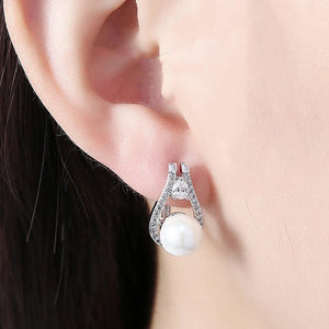 14K White Gold Plating Swarovski Elements Pav'e Freshwater Pearl Pear Cut Earrings