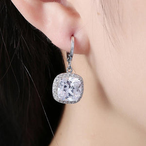 18K White Gold Halo Cut Pav'e Simulated Diamond Lever Back Earrings Set