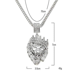 18K White Gold Plated Pave King of the Jungle Lion Crown Pendant Medallion Necklace