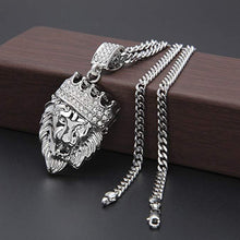 Load image into Gallery viewer, 18K White Gold Plated Pave King of the Jungle Lion Crown Pendant Medallion Necklace
