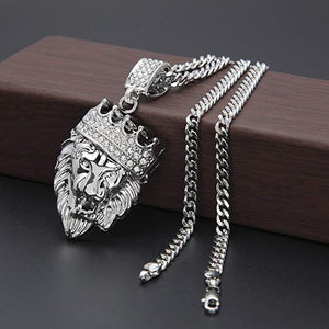 18K White Gold Plated Pave King of the Jungle Lion Crown Pendant Medallion Necklace