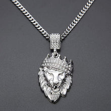 Load image into Gallery viewer, 18K White Gold Plated Pave King of the Jungle Lion Crown Pendant Medallion Necklace
