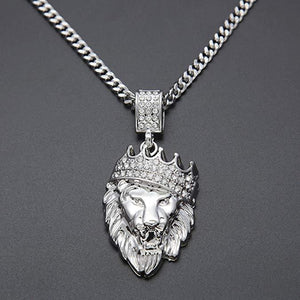 18K White Gold Plated Pave King of the Jungle Lion Crown Pendant Medallion Necklace