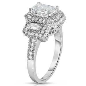 18k White Gold Tri Stone Emerald Cut Cubic Zirconia Ring