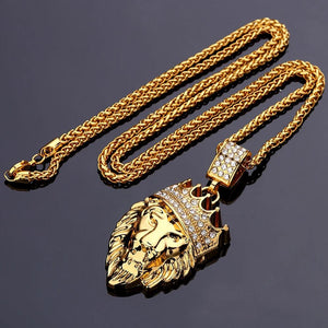 18K Gold Filled Lion with a Diamond Crown Pendant Necklace