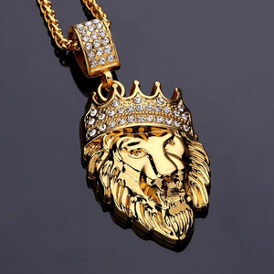 18K Gold Filled Lion with a Diamond Crown Pendant Necklace